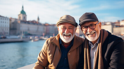 Gay friends, Older Gay couple, Celebrating Pride month, smiling and hugging, enjoying freedom, LGBTQ, Love romantic