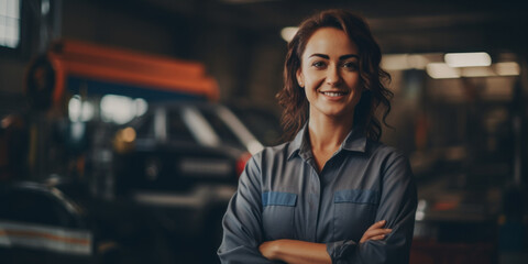 Portrait of proud car mechanic woman smiling. Car repair and maintenance service, blurred background