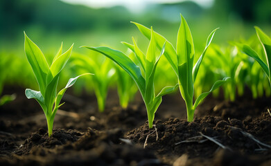 Rows of young corn plants growing on the field - obrazy, fototapety, plakaty