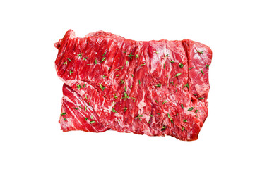 Raw beef round cut meat on a wooden tray with herbs.  Transparent background. Isolated.