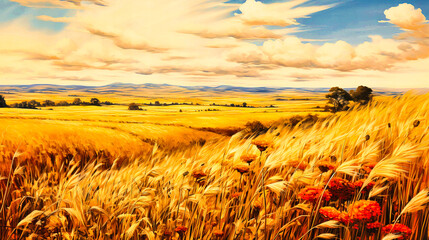 Golden Barley Field Under Vibrant Summer Sky