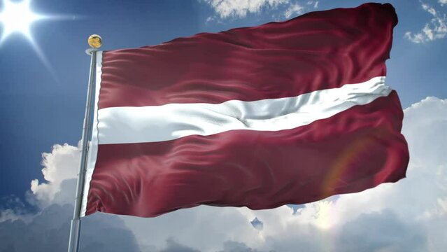 Latvia animated flag in the wind with blue sky