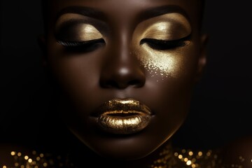 Closeup fashion portrait of African woman with golden makeup