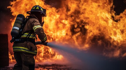 In the face of a massive fire, a brave firefighter fearlessly confronts a raging inferno, embodying unwavering dedication, bravery, and selflessness to protect and save lives.