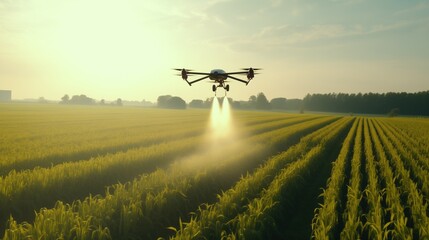 A drone spraying water on a field, ensuring optimal hydration for crops and conserving water resources. Embracing technology for efficient irrigation. - obrazy, fototapety, plakaty