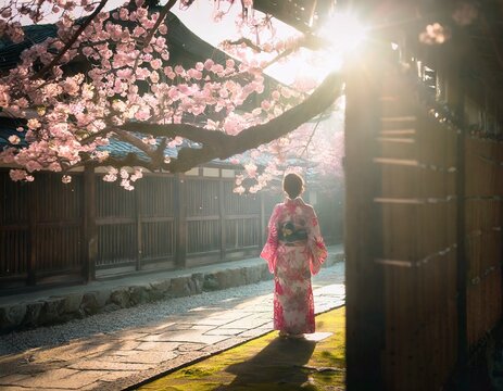 京都の着物の女性と桜のイメージ