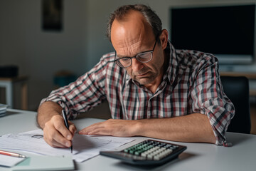 Adult man doing calculations on his calculator - obrazy, fototapety, plakaty