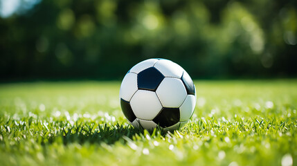Classic black and white soccer ball on green grass. Football 