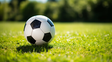 Fototapeta premium Classic black and white soccer ball on green grass. Football 
