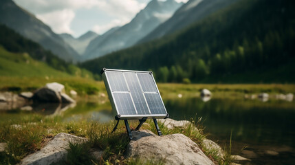 Portable solar panel for travel. Small modern solar panel stands outdoors