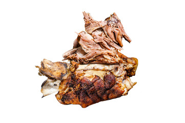 Roasted and cut German pork knuckle eisbein meat on a wooden board with meat cleaver. Transparent background. Isolated.