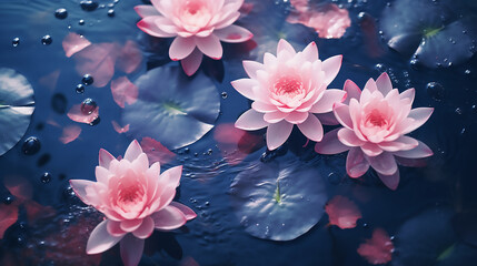 Pink Lotus flowers in a transparent clear calm water surface. Texture with splashes and bubbles, romantic background, valentines, wedding, celebration
