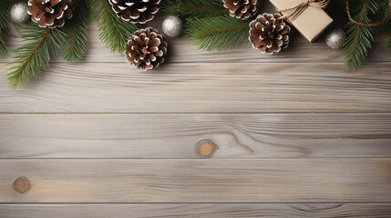 Christmas fir tree branches, gifts, pine cones on wooden
rustic background