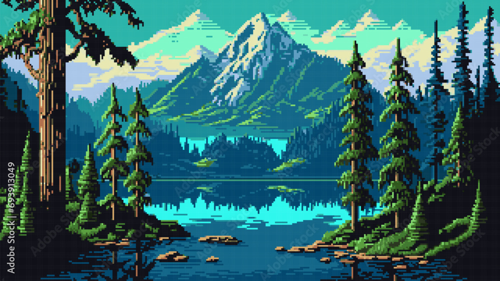 Poster ai generated 8 bit pixel game mountain lake landscape. nature vector background with scenery view of