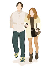 冬の街角にいるカップル水彩風