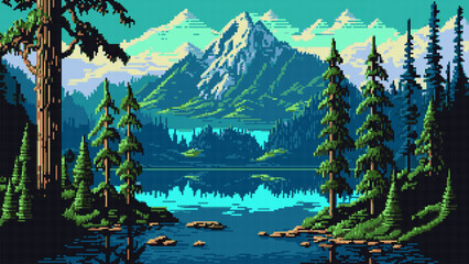 AI generated 8 bit pixel game mountain lake landscape. Nature vector background with scenery view of snowy mountains, forest trees and rocky hills, blue water, sky and clouds. Retro game nature scene - obrazy, fototapety, plakaty