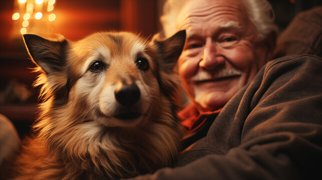 Portrait of an elderly man sitting in the armchair with Corgi dog. The concept of active age