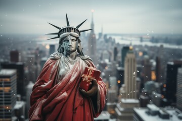 statue of liberty santa claus outfit, new york city christmas blur background
