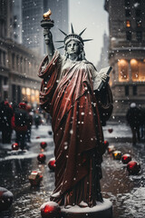 statue of liberty santa claus outfit, new york city christmas blur background