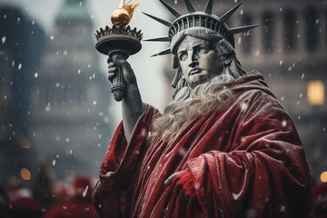 Abwaschbare Fototapete Vereinigte Staaten statue of liberty santa claus outfit, new york city christmas blur background