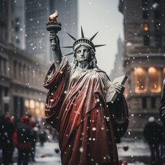 statue of liberty santa claus outfit, new york city christmas blur background