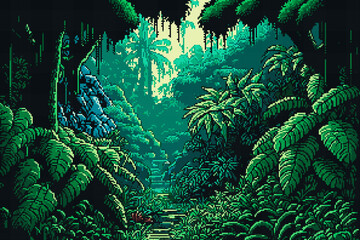 8 bit pixel jungle forest landscape, AI generated