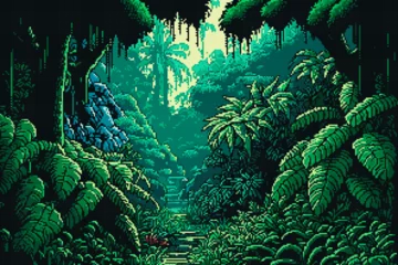 Foto op Canvas 8 bit pixel jungle forest landscape, AI generated © Vector Tradition