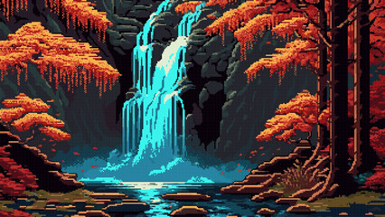 8 bit pixel autumn forest waterfall, AI generated - obrazy, fototapety, plakaty