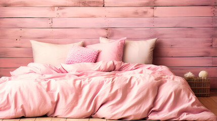 Cozy Pink Bedroom Haven: Soft Linens, Wooden Wall, Morning Light, Serene Comfort, Dreamy Atmosphere
