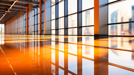 Modern Corporate Office Hallway with Reflective Orange Floors and Glass Paneled Walls at Sunset - obrazy, fototapety, plakaty
