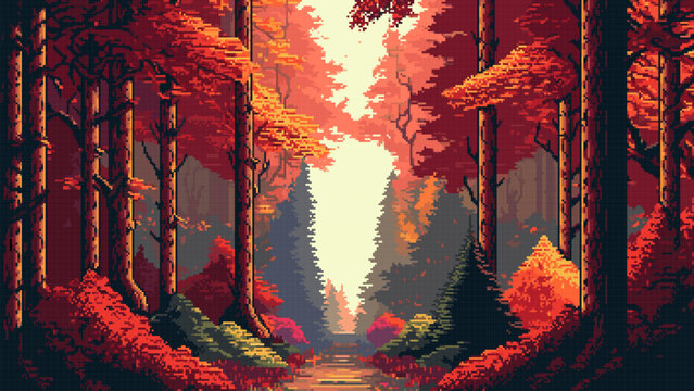 8Bit pixel autumn forest landscape, ai generated