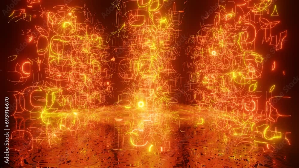 Poster neon design orange pattern form wall. 4k video with various neon elements and a reflecting floor. lo
