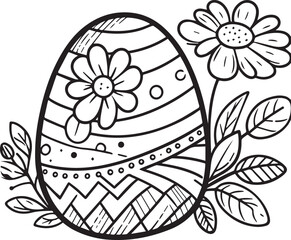 Easter Joy Bunny free preschool easter egg coloring pages for kids Blossoms and Decorated Egg, cute easter preschool easter egg coloring pages, modern happy easter black and white outline drawing