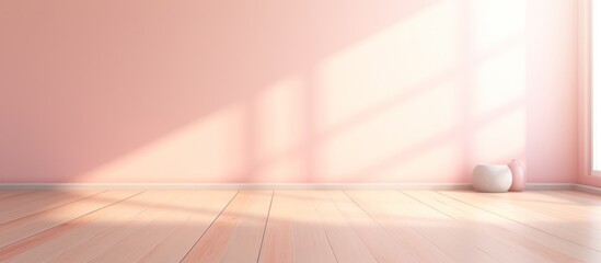 Pastel empty wall and wooden floor with light rays glare. Interior background for presentation