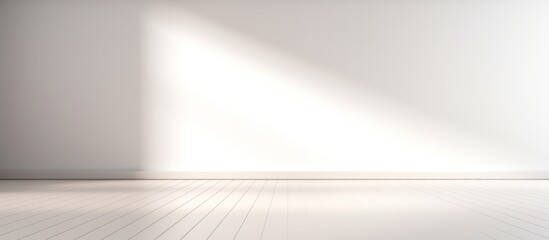 White empty wall and wooden floor with light rays glare. Interior background for presentation