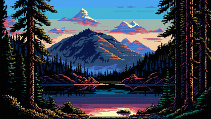 Mountain lake sunset landscape, AI generated 8bit - obrazy, fototapety, plakaty