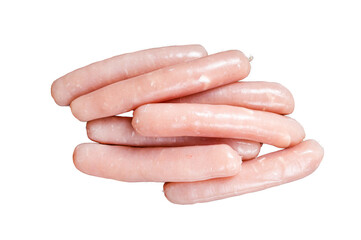 Raw chicken and turkey meat sausages on butcher table.  Transparent background. Isolated.
