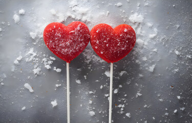 Obraz premium two red lollipops heart shape on grey snowy background top view