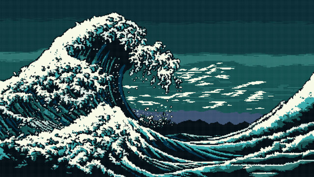 Storm tsunami wave AI generated 8bit game scene
