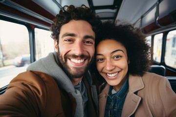 portrait of happy multiethnic couple smiling at camera in bus
