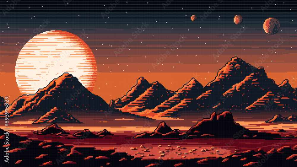 Poster red surface mars planet landscape 8bit pixel game