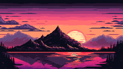Fototapeta na wymiar Evening sunset lake landscape with mountains ai