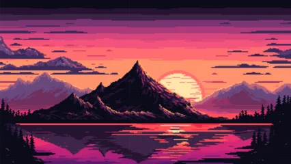 Fotobehang Evening sunset lake landscape with mountains ai © Vector Tradition