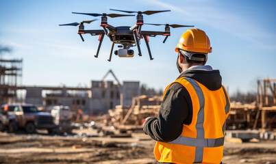 Engineer Inspects Construction Site with Drone - obrazy, fototapety, plakaty