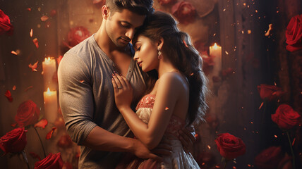 Beautiful young couple in love is hugging and kissing in the room with red roses.