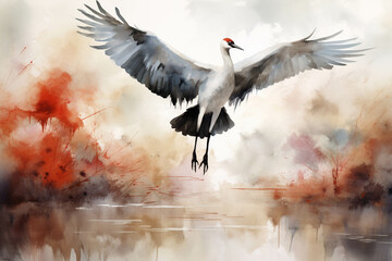 Watercolor picture of a crane. - obrazy, fototapety, plakaty