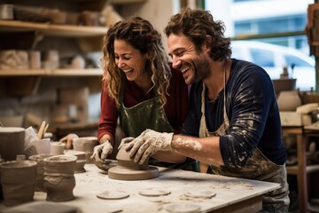 A couple at a pottery workshop, shaping clay and laughing together.