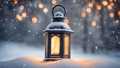 Fotobehang Christmas Lantern in Snow - Winter Forest Background with Christmas Lights © PhotoPhreak