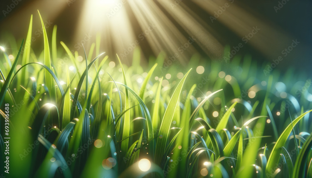 Poster Sunlight piercing through a verdant grass field, creating a dreamlike ambiance. Generative AI