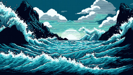Sea storm landscape, AI generated 8bit pixel game - obrazy, fototapety, plakaty